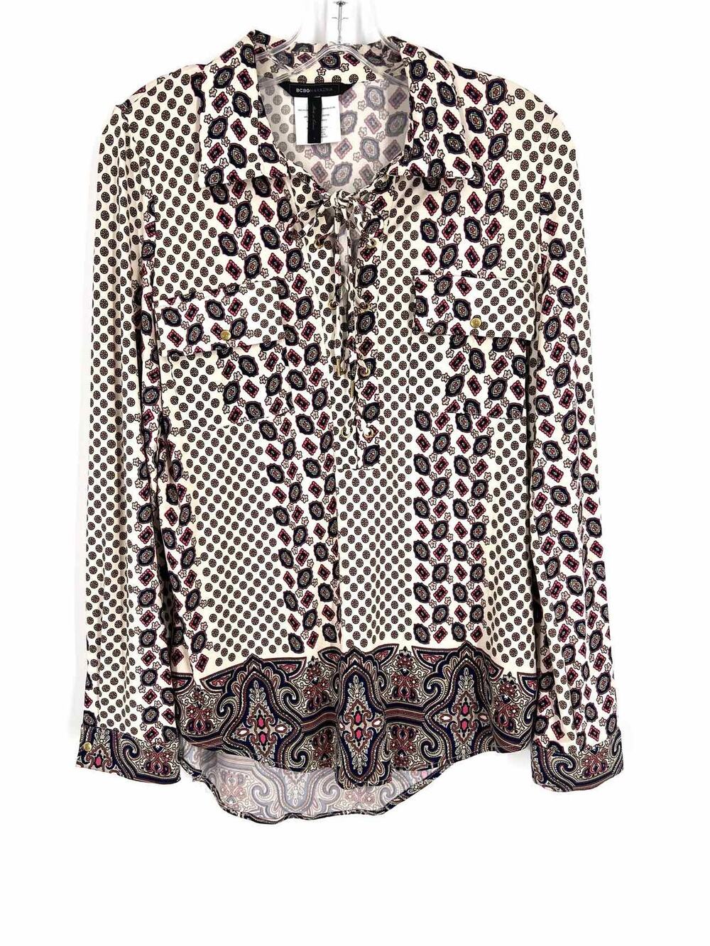 BCBGMaxazria Size S Beige/Multi Print Lace-Up Designer Top-Long Sleeve